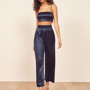 Reformation Navy 100% Silk Wide Leg Pant Set